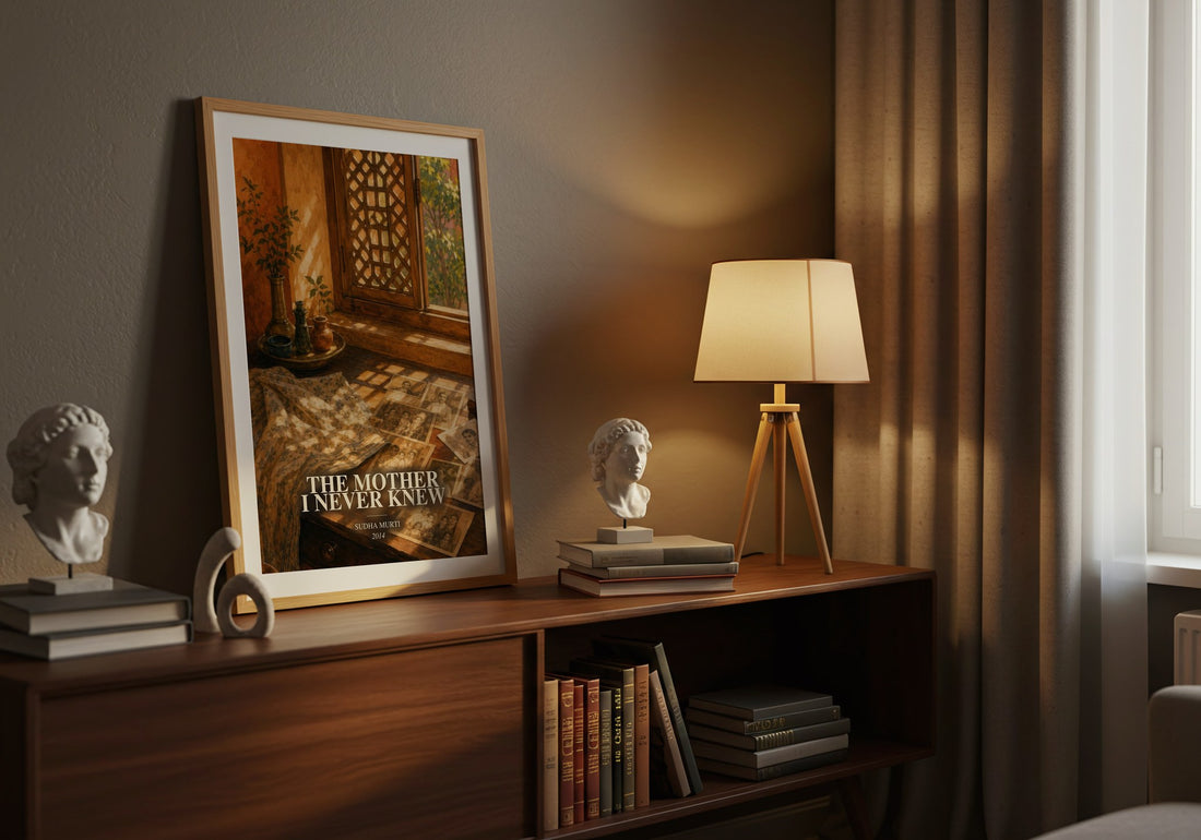 The Mother I Never Knew watercolour print on bookshelf – Sudha Murti fan gift