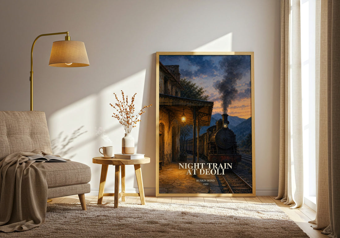 Night Train at Deoli watercolour print in frame leaning in hallway – literary fiction wall art