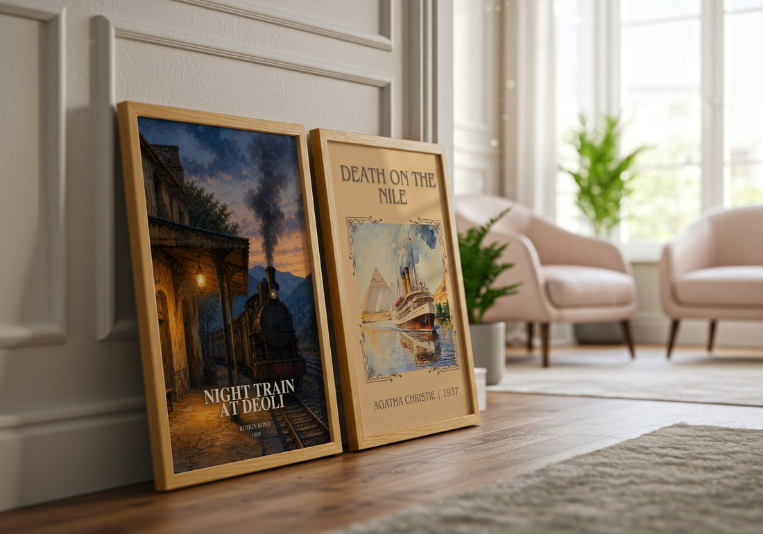 Night Train at Deoli watercolour print framed by window – literary home decor