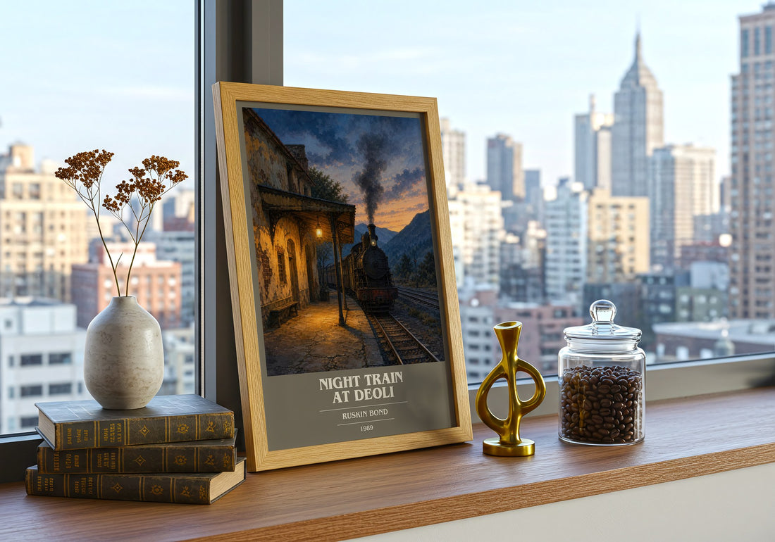 Night Train at Deoli book cover print framed by window – literary home decor