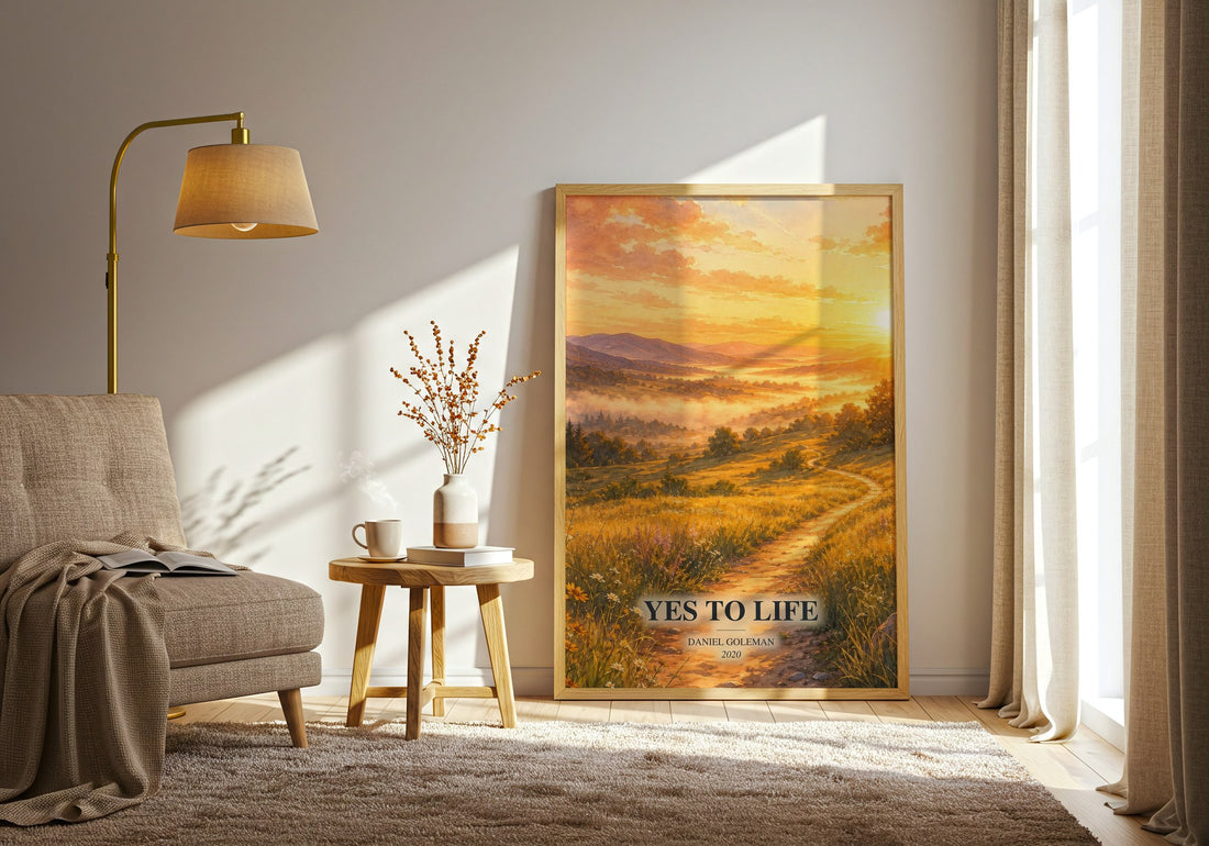 Yes to Life watercolour print in frame leaning in hallway – __new__:self help wall art