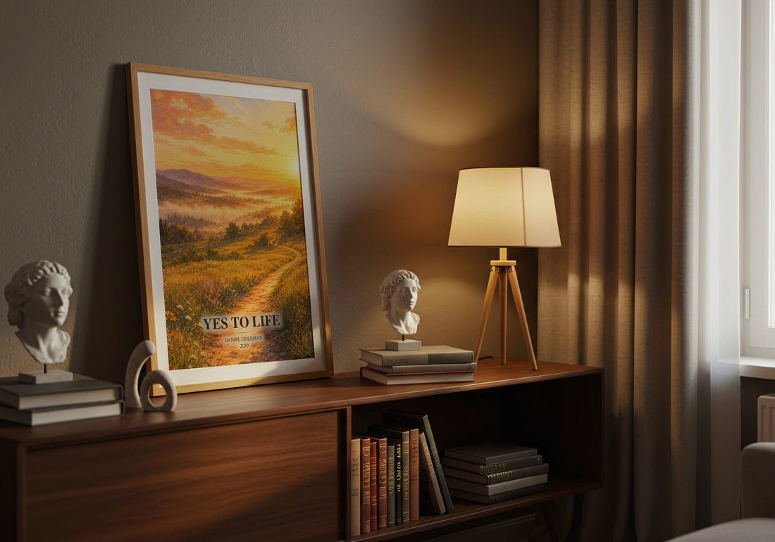 Yes to Life watercolour print on bookshelf – Daniel Goleman fan gift