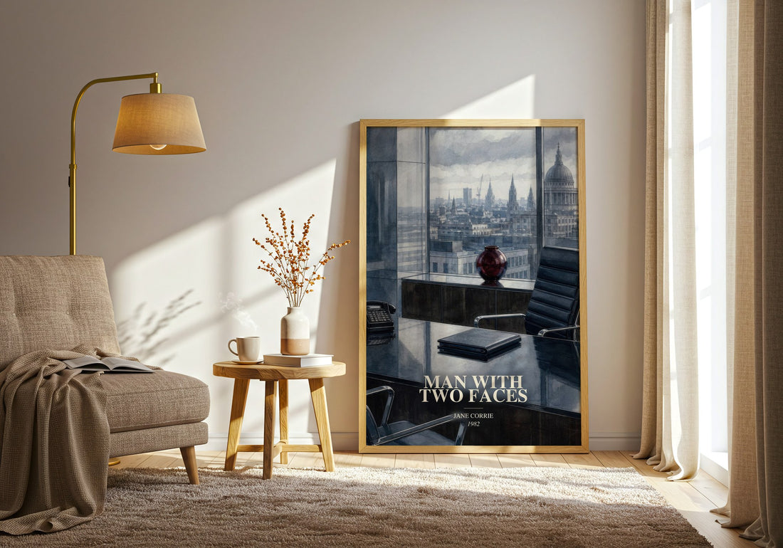 Man with two faces watercolour print in frame leaning in hallway – romance wall art