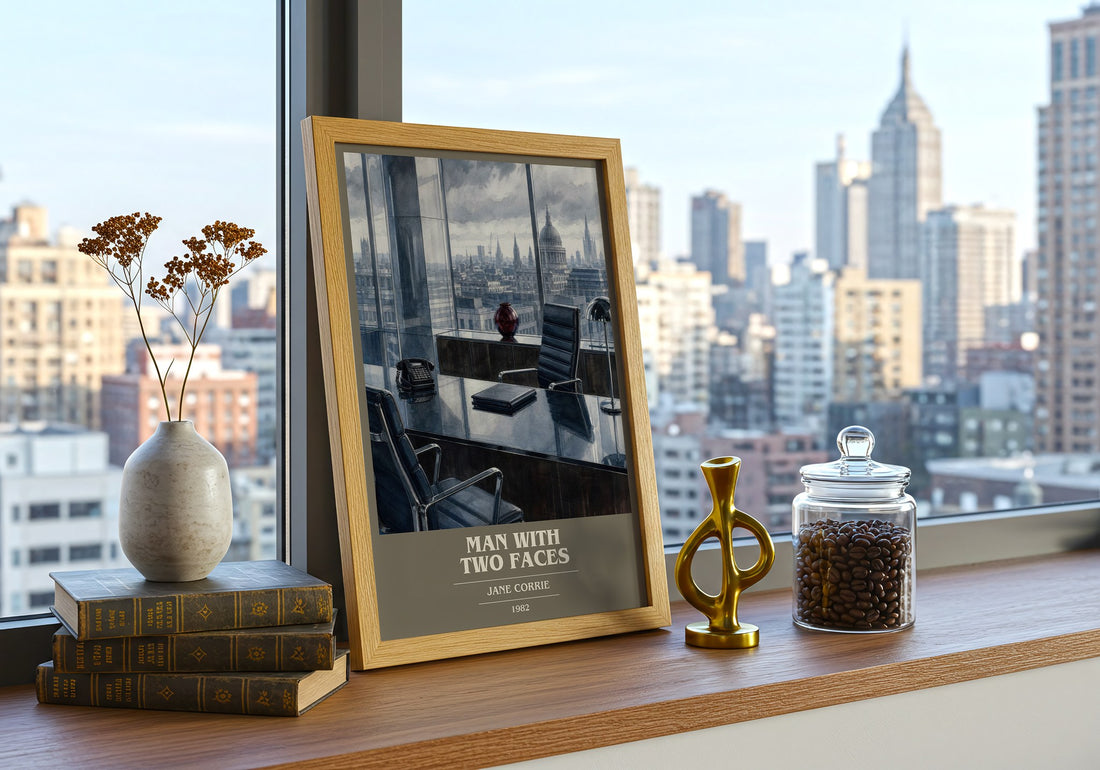Man with two faces book cover print framed by window – literary home decor