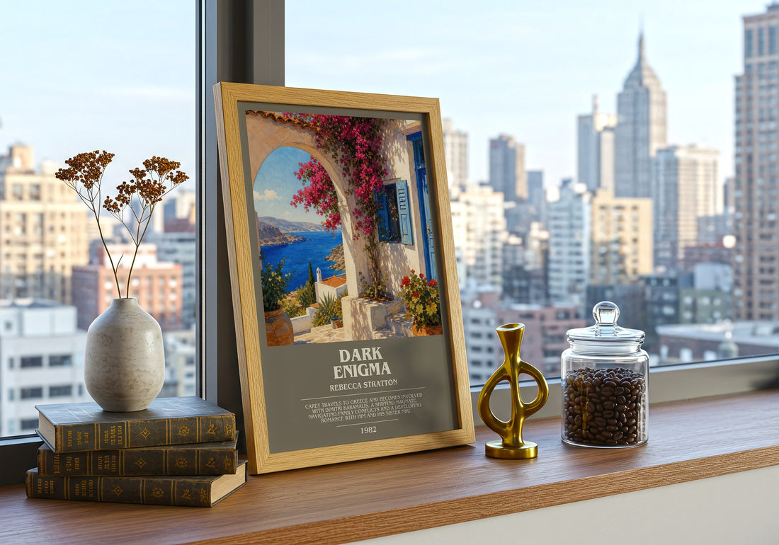 Dark Enigma bookish print framed by window – literary home decor