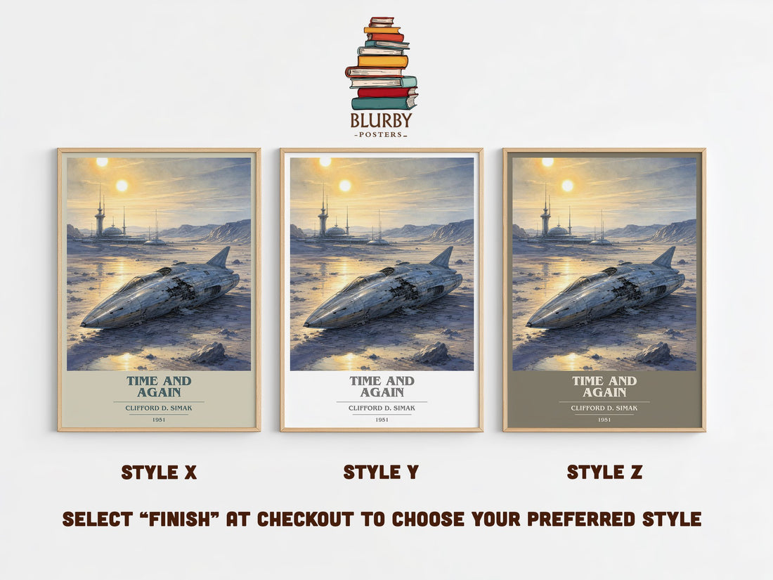 Time and again book cover print in frame leaning in hallway – sci fi wall art (mockup)