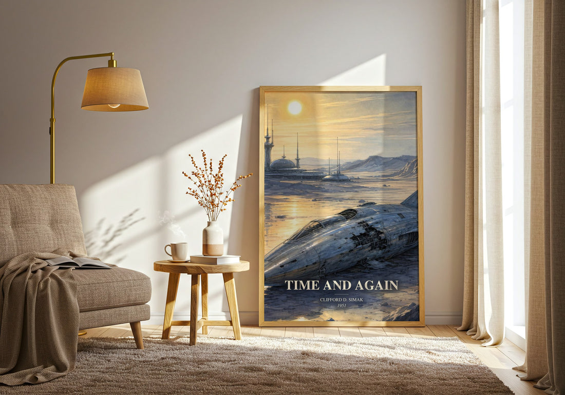 Time and again watercolour print in frame leaning in hallway – sci fi wall art