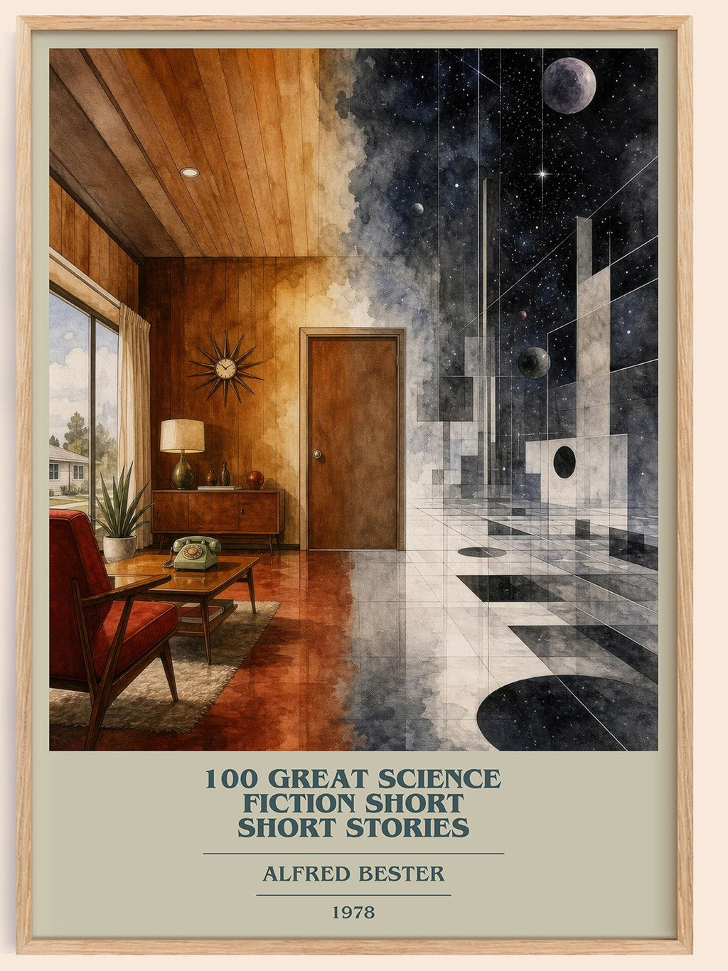 100 Great Science Fiction Short Short Stories book cover book poster by Alfred Bester – framed literary art print