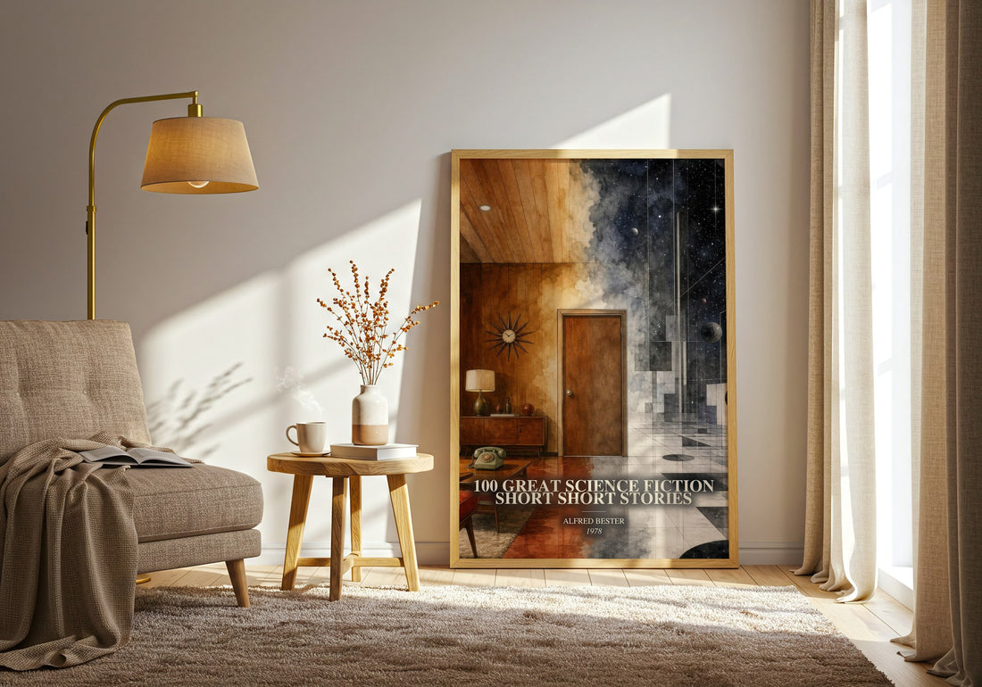 100 Great Science Fiction Short Short Stories watercolour print in frame leaning in hallway – sci fi wall art