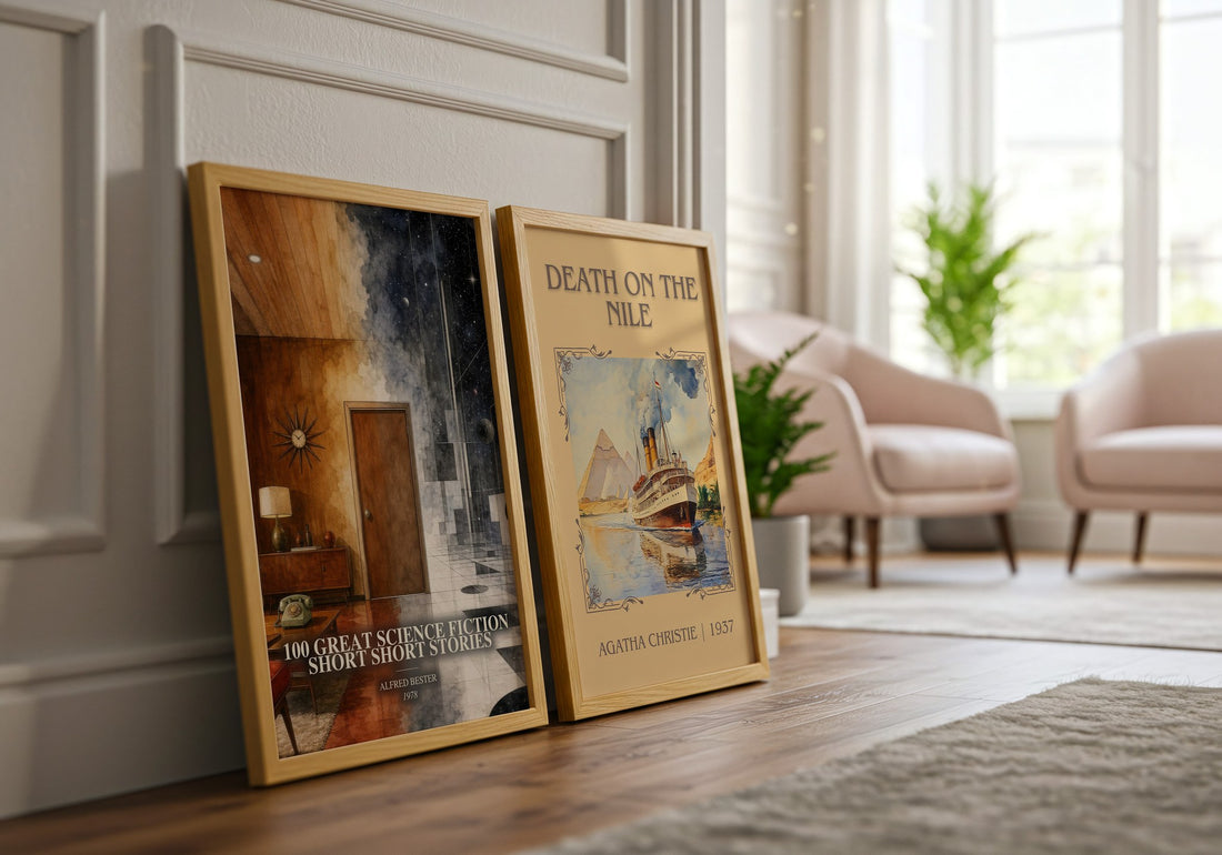 100 Great Science Fiction Short Short Stories watercolour print framed by window – literary home decor