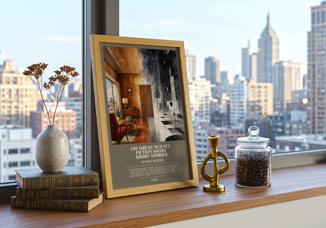 100 Great Science Fiction Short Short Stories bookish print framed by window – literary home decor