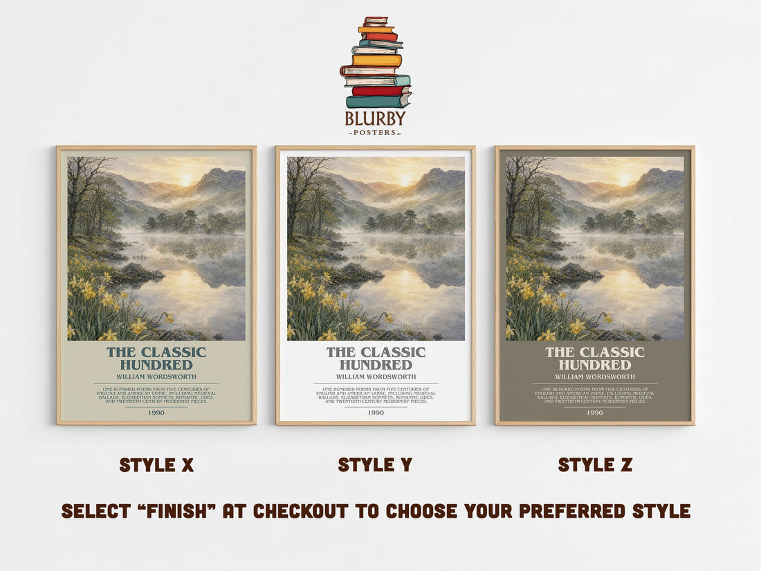 The Classic Hundred bookish print in frame leaning in hallway – poetry wall art (mockup)