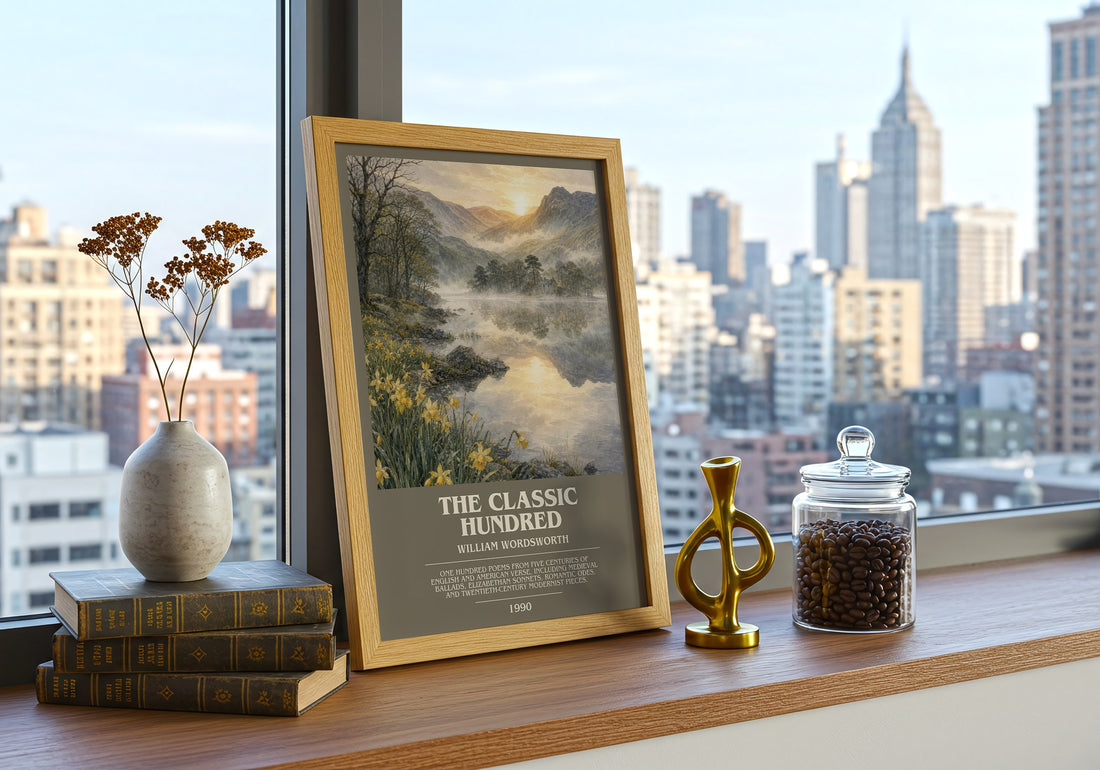 The Classic Hundred bookish print framed by window – literary home decor