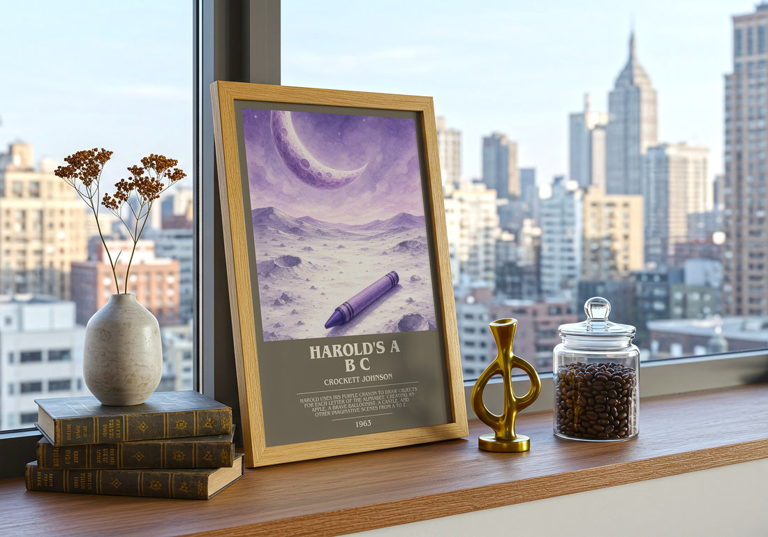 Harold's A B C bookish print framed by window – literary home decor