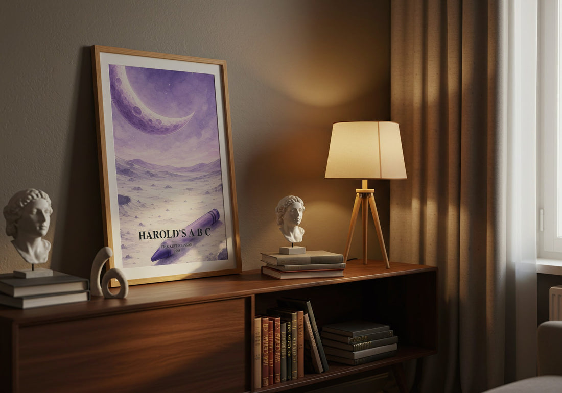 Harold's A B C watercolour print on bookshelf – Crockett Johnson fan gift