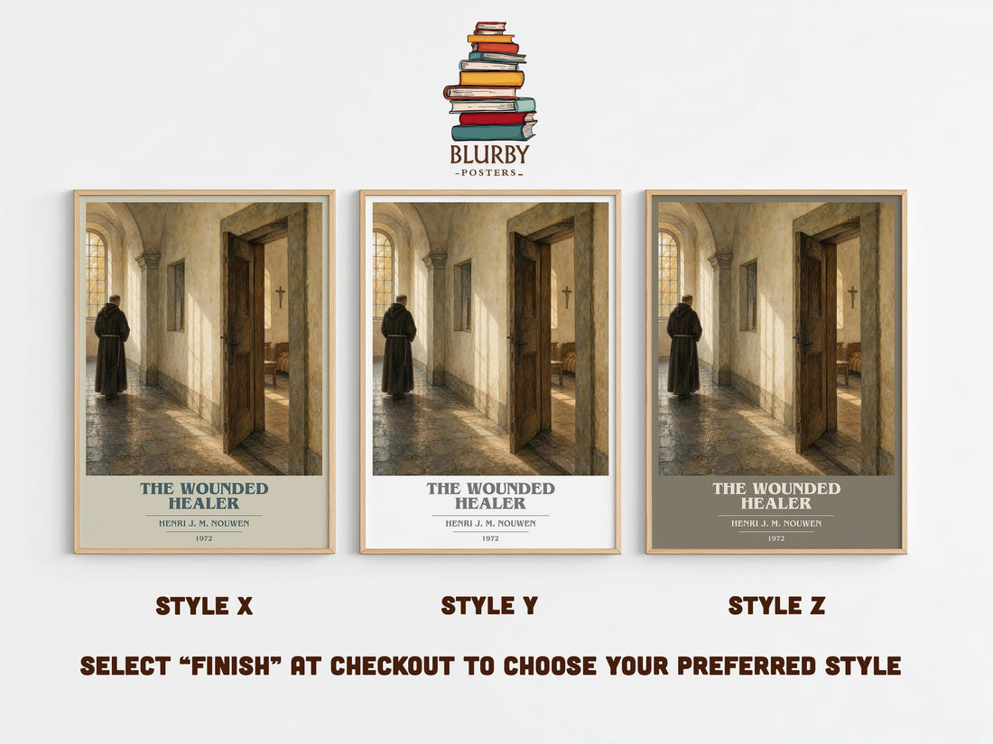The wounded healer book cover print in frame leaning in hallway – __new__:self help wall art (mockup)