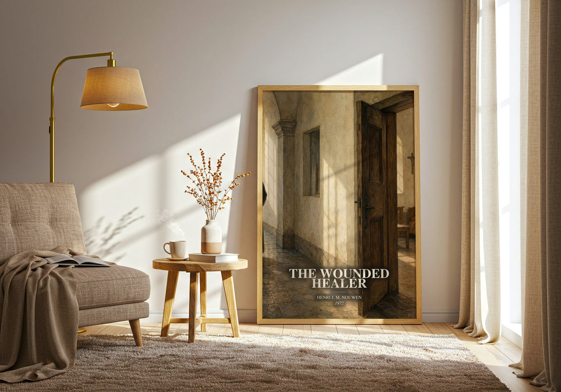 The wounded healer watercolour print in frame leaning in hallway – __new__:self help wall art