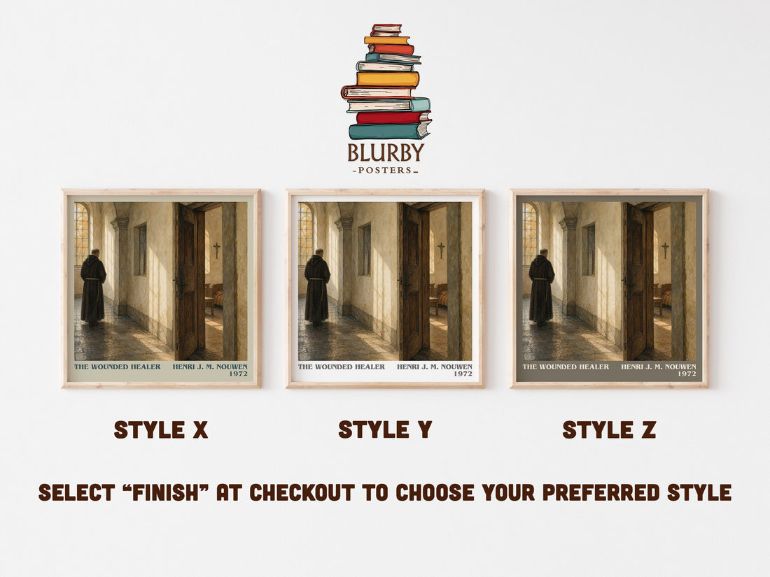 The wounded healer literary print in frame leaning in hallway – __new__:self help wall art (mockup)