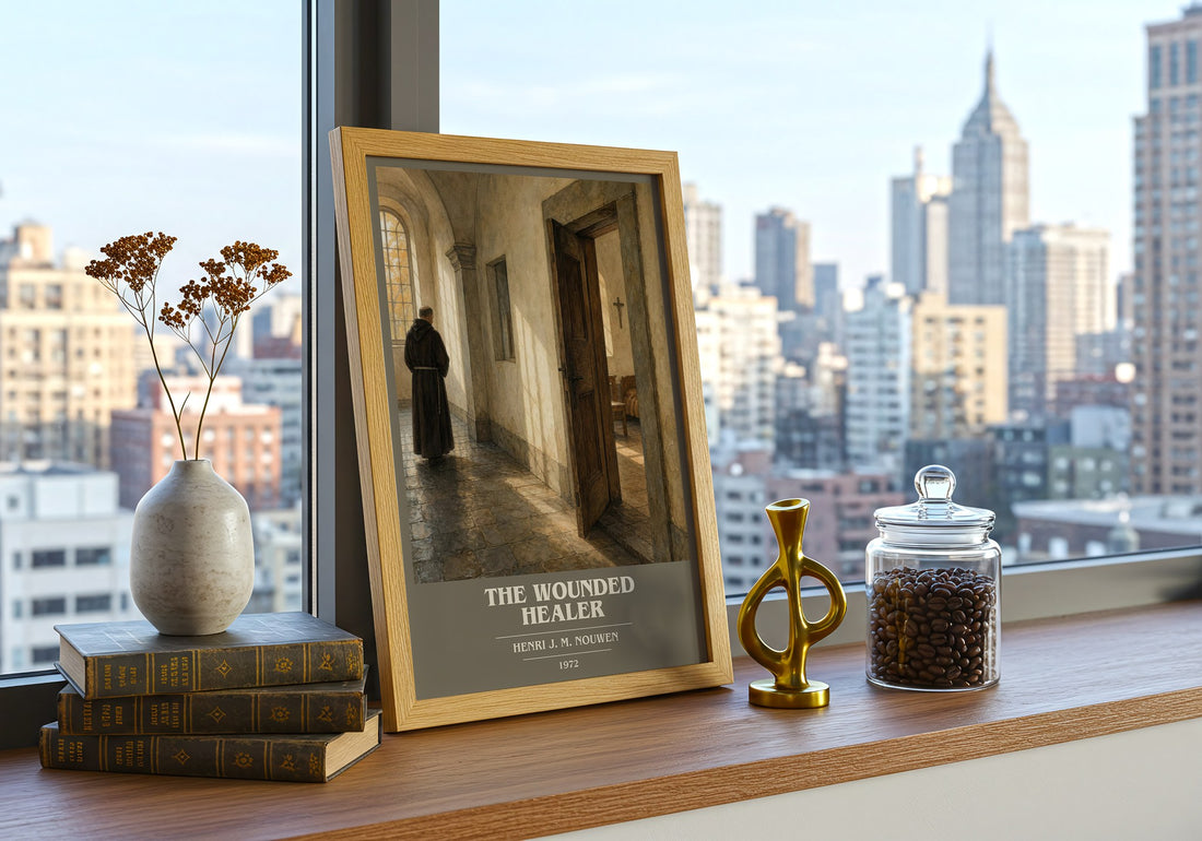 The wounded healer book cover print framed by window – literary home decor