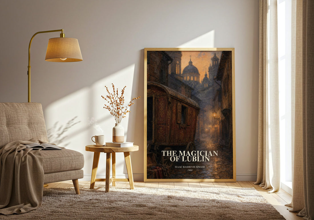 The magician of Lublin watercolour print in frame leaning in hallway – literary fiction wall art