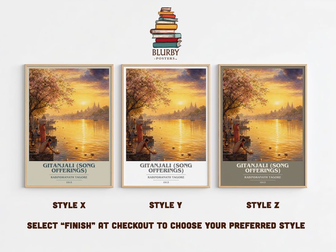 Gitanjali (song offerings) book cover print in frame leaning in hallway – poetry wall art (mockup)