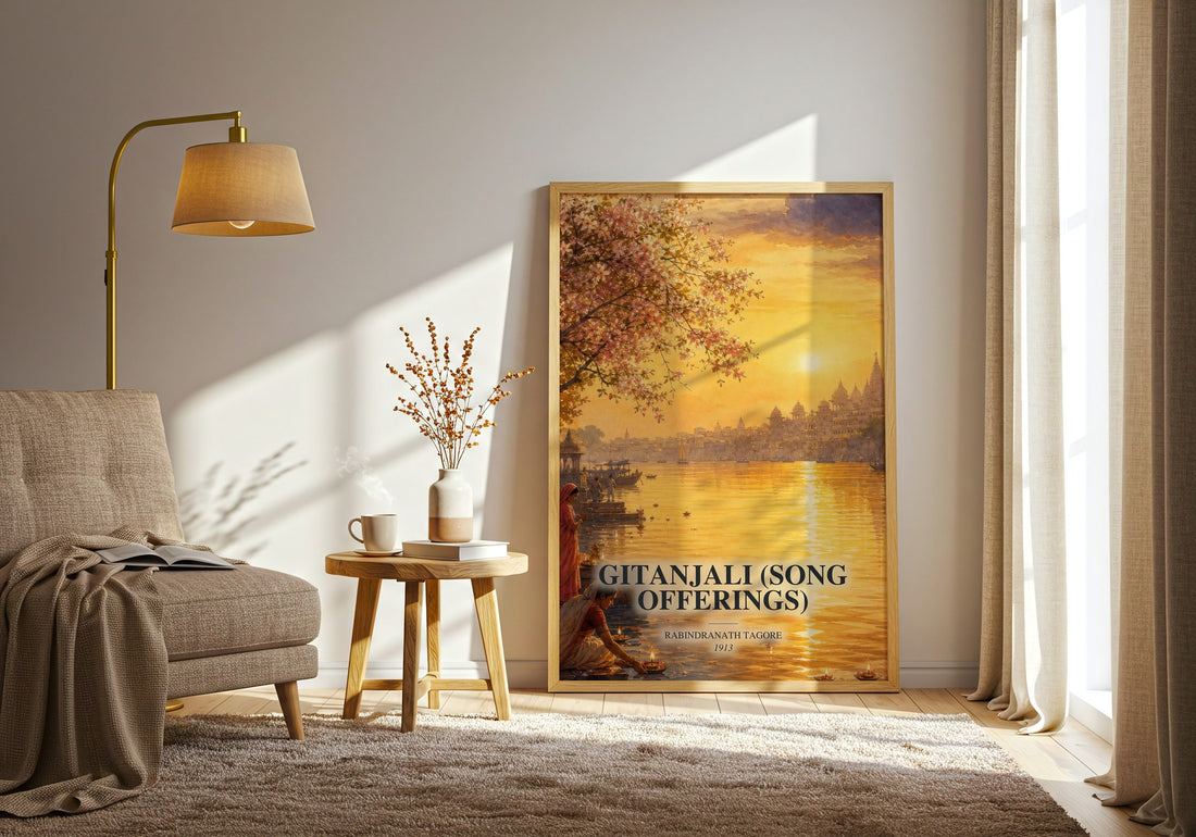 Gitanjali (song offerings) watercolour print in frame leaning in hallway – poetry wall art