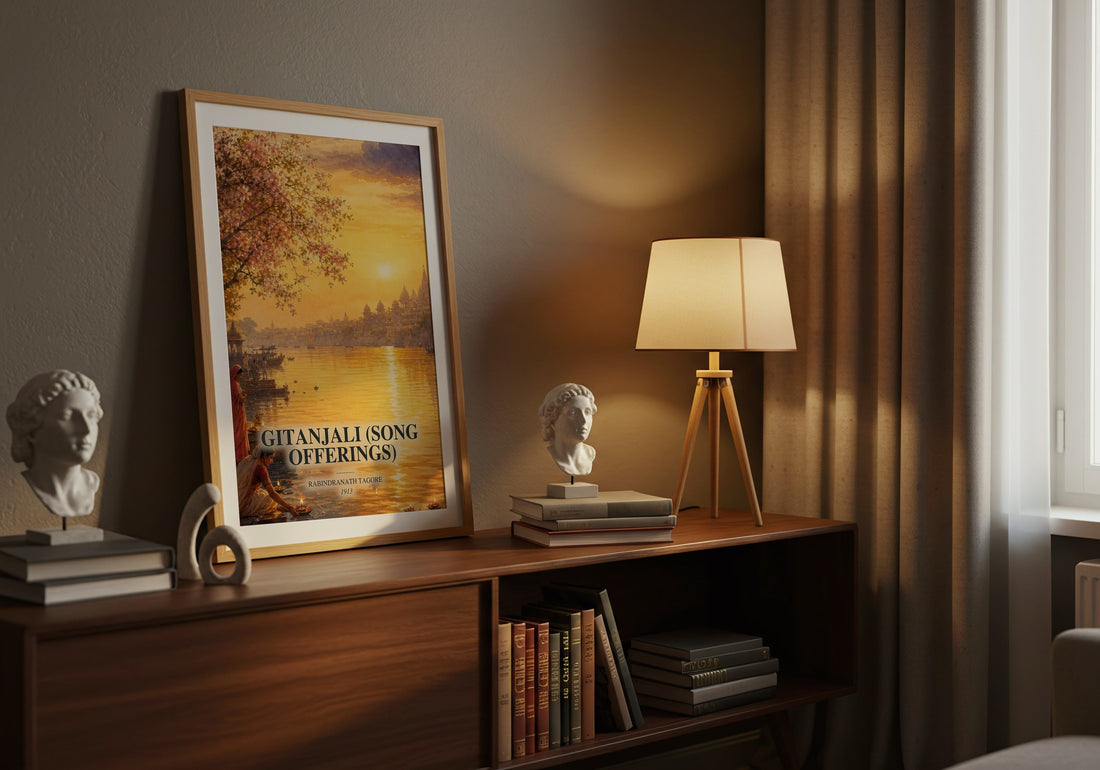 Gitanjali (song offerings) watercolour print on bookshelf – Rabindranath Tagore fan gift
