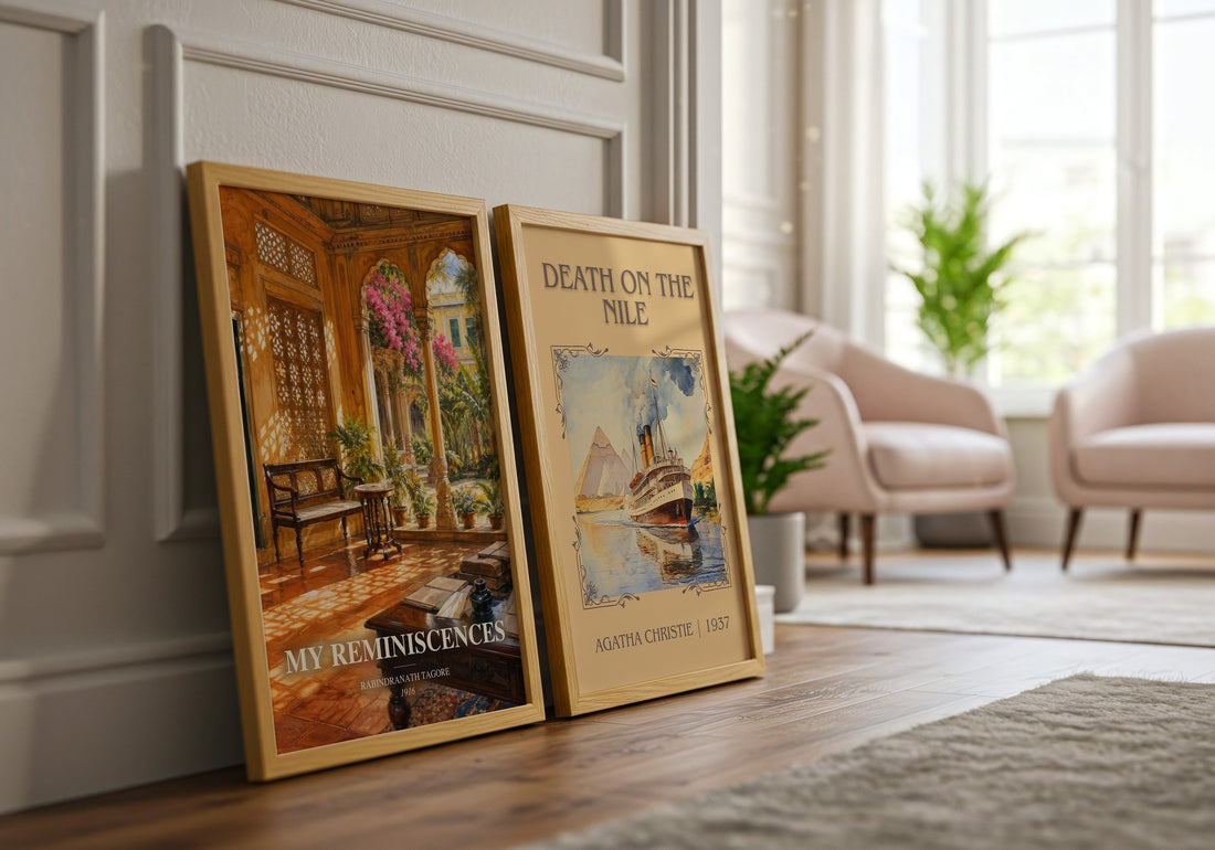 My Reminiscences watercolour print framed by window – literary home decor