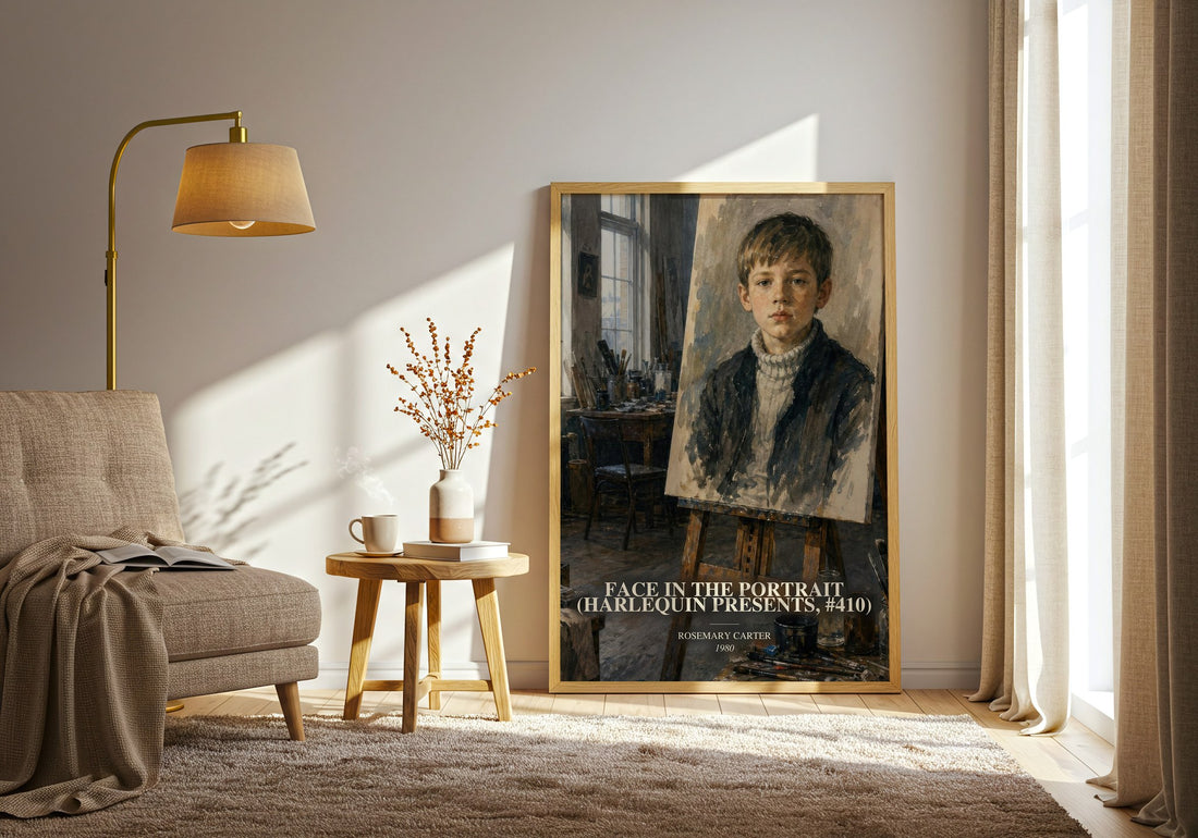 Face in the Portrait (Harlequin Presents, #410) watercolour print in frame leaning in hallway – romance wall art