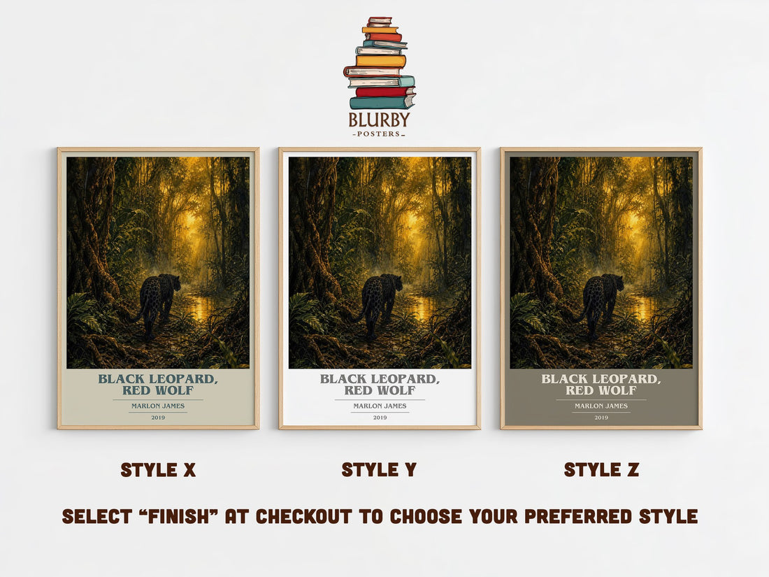Black Leopard, Red Wolf book cover print in frame leaning in hallway – fantasy wall art (mockup)