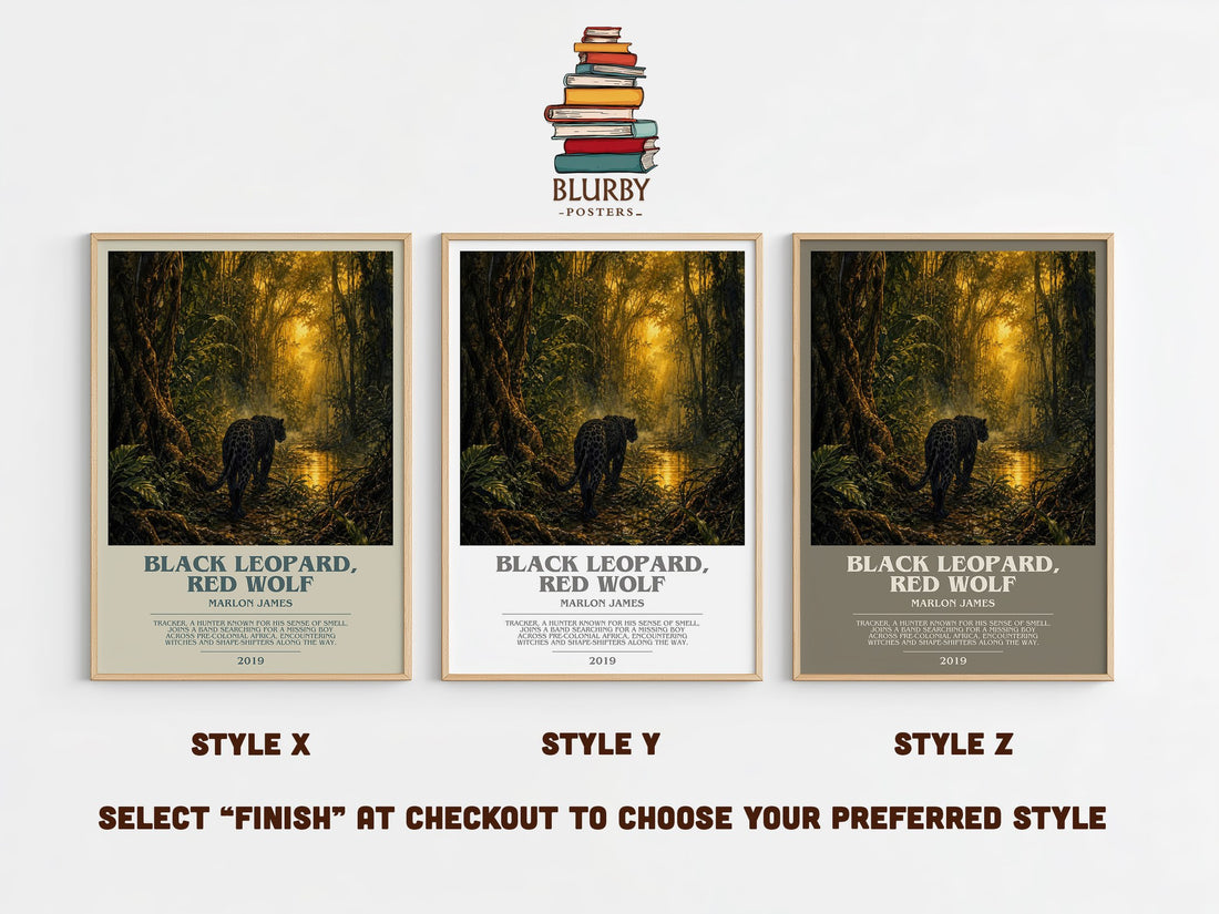 Black Leopard, Red Wolf bookish print in frame leaning in hallway – fantasy wall art (mockup)