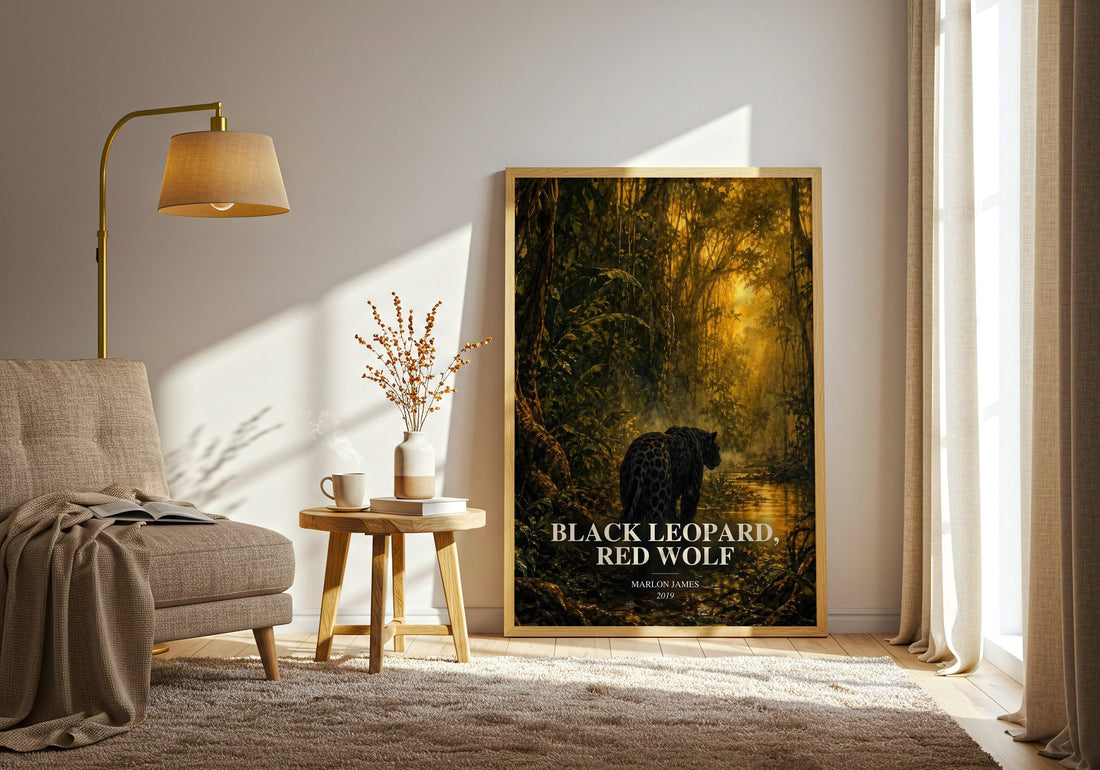 Black Leopard, Red Wolf watercolour print in frame leaning in hallway – fantasy wall art