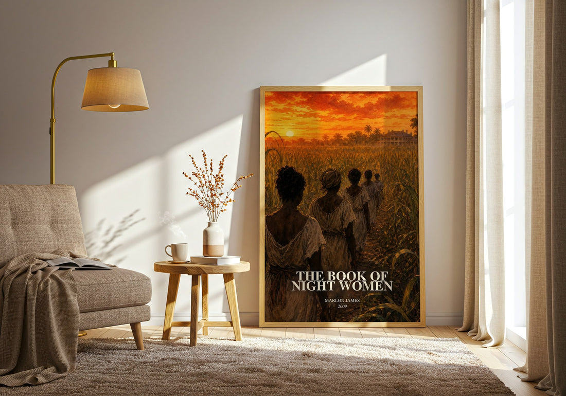 The book of night women watercolour print in frame leaning in hallway – historical fiction wall art