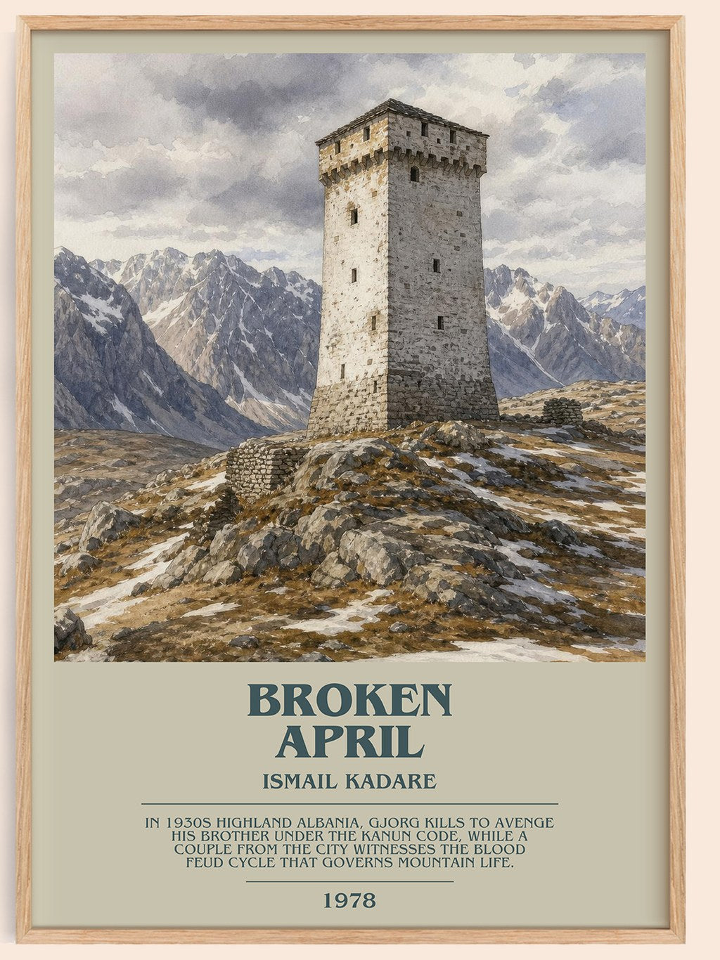 Broken April bookish book poster by Ismail Kadare – framed literary art print