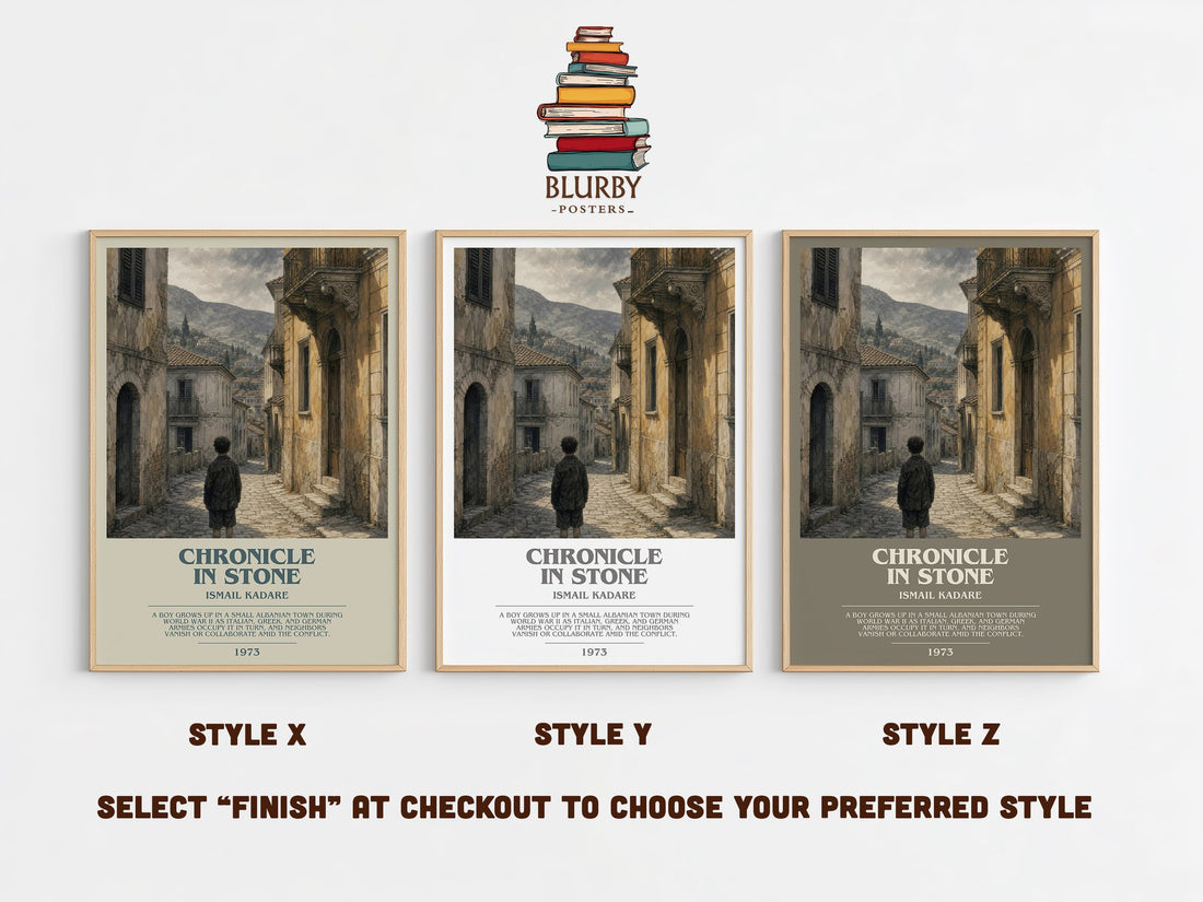 Chronicle in Stone bookish print in frame leaning in hallway – historical fiction wall art (mockup)