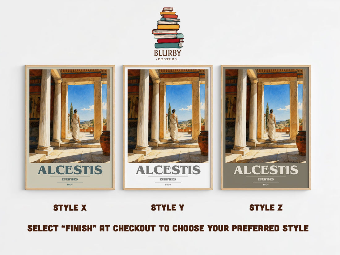 Alcestis book cover print in frame leaning in hallway – classic literature wall art (mockup)