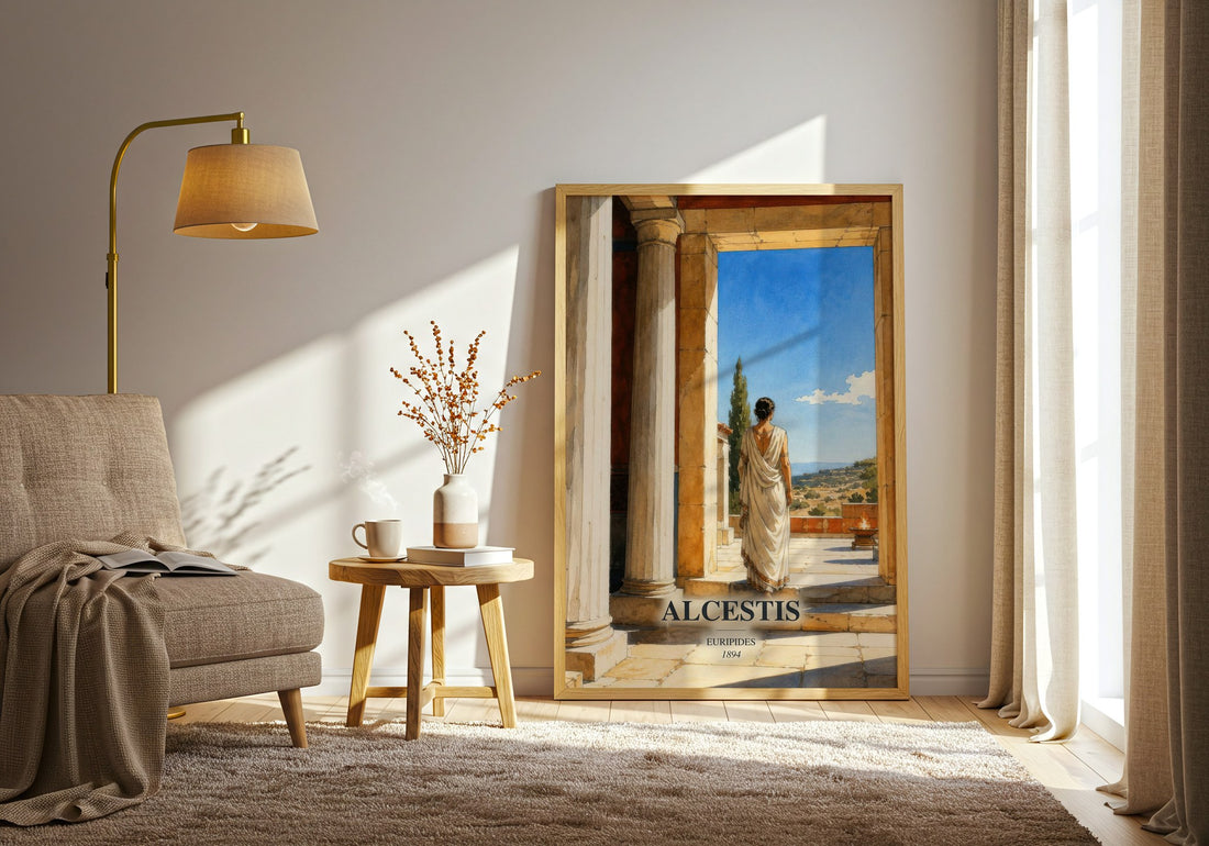 Alcestis watercolour print in frame leaning in hallway – classic literature wall art
