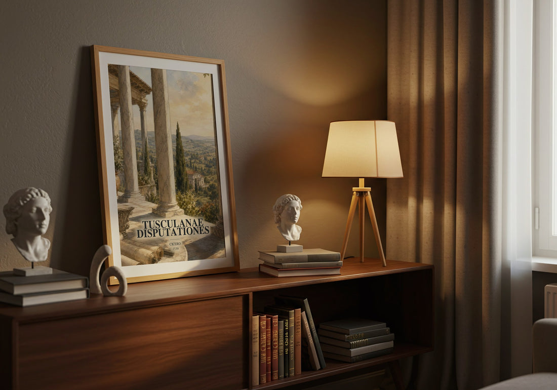 Tusculanae disputationes watercolour print on bookshelf – Cicero fan gift