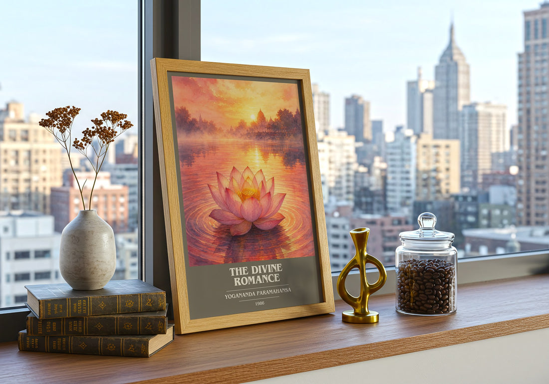 The divine romance book cover print framed by window – literary home decor