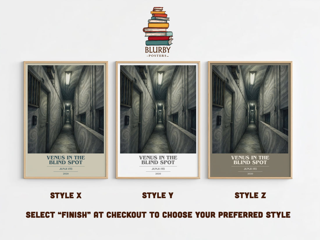 Venus in the Blind Spot book cover print in frame leaning in hallway – horror wall art (mockup)