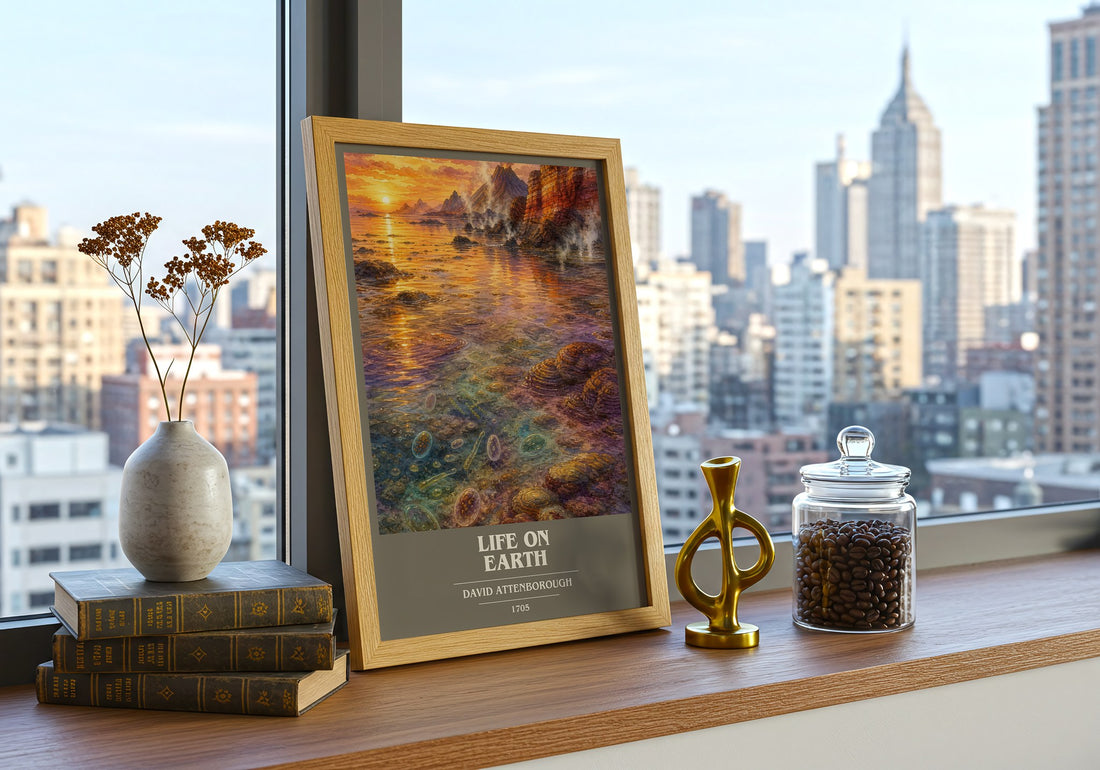 Life on Earth book cover print framed by window – literary home decor