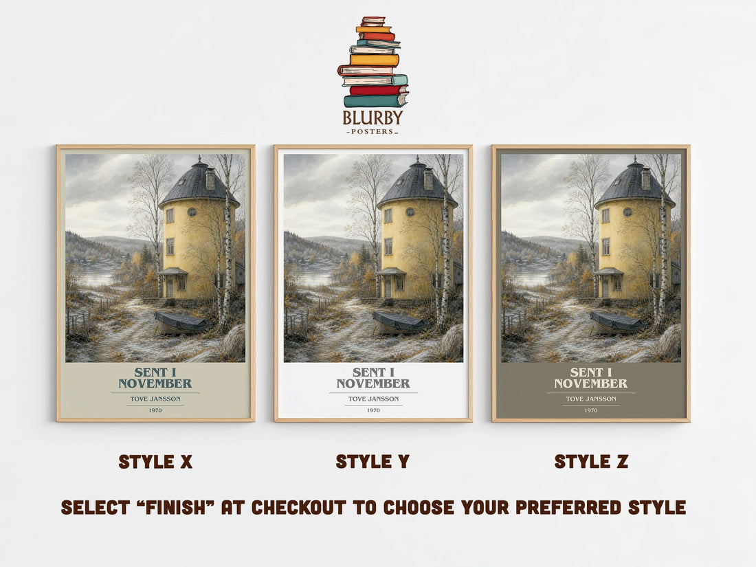 Sent i November book cover print in frame leaning in hallway – literary fiction wall art (mockup)