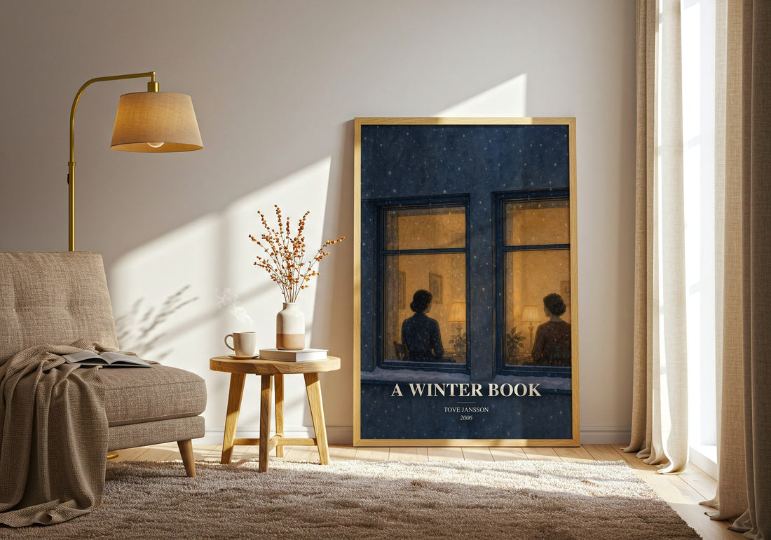 A winter book watercolour print in frame leaning in hallway – literary fiction wall art
