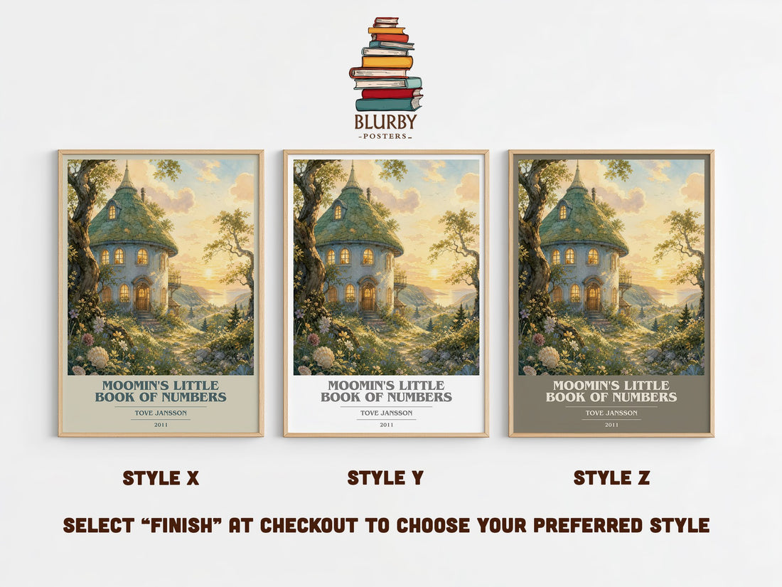 Moomin's little book of numbers book cover print in frame leaning in hallway – childrens wall art (mockup)