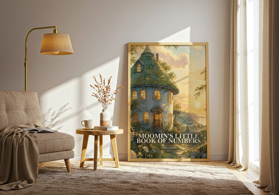 Moomin's little book of numbers watercolour print in frame leaning in hallway – childrens wall art