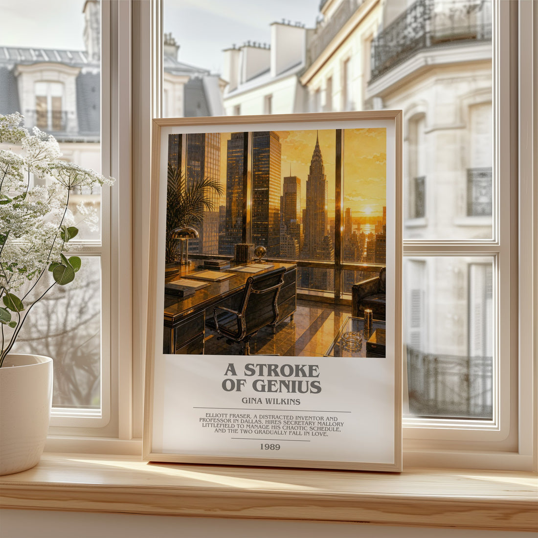 A Stroke Of Genius Bookish Wall Art by Gina Wilkins – framed print by a bright window