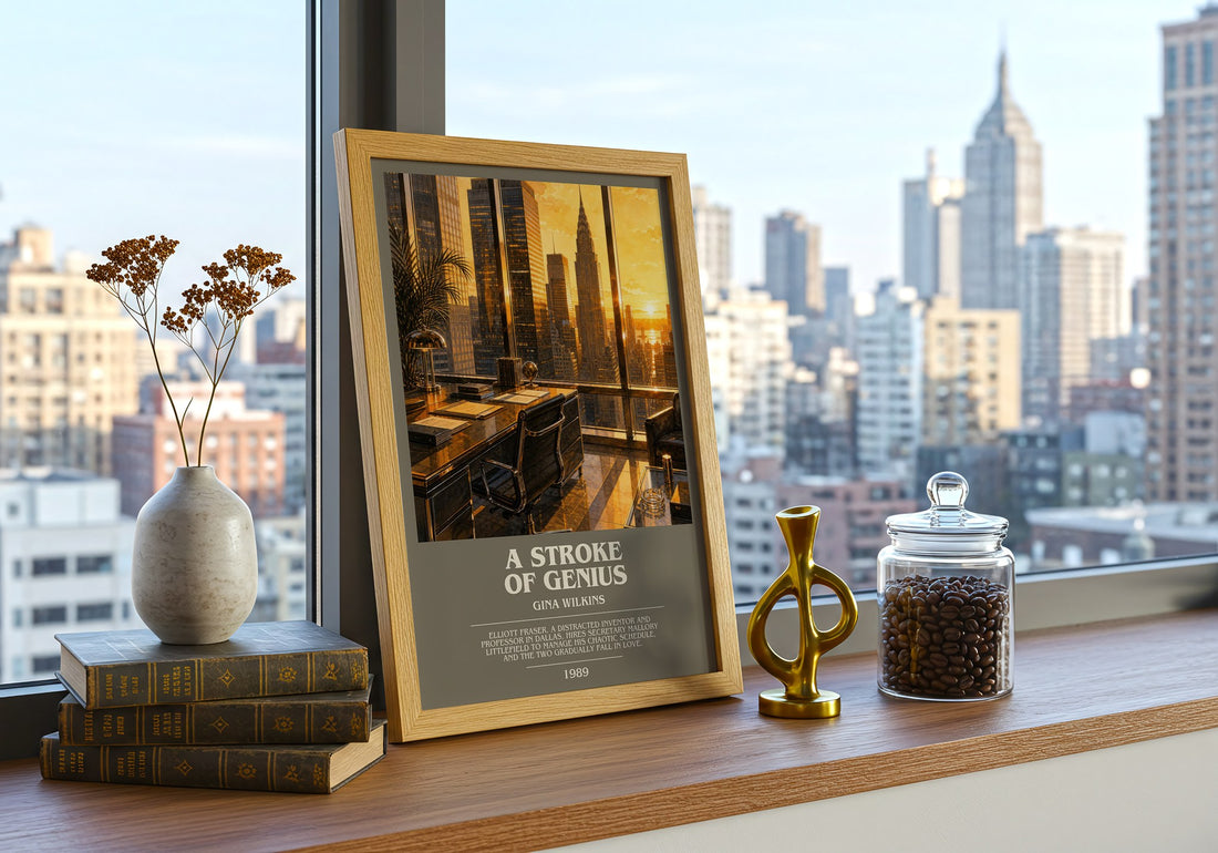 A Stroke Of Genius Bookish Wall Art by Gina Wilkins – framed print on a city-view windowsill