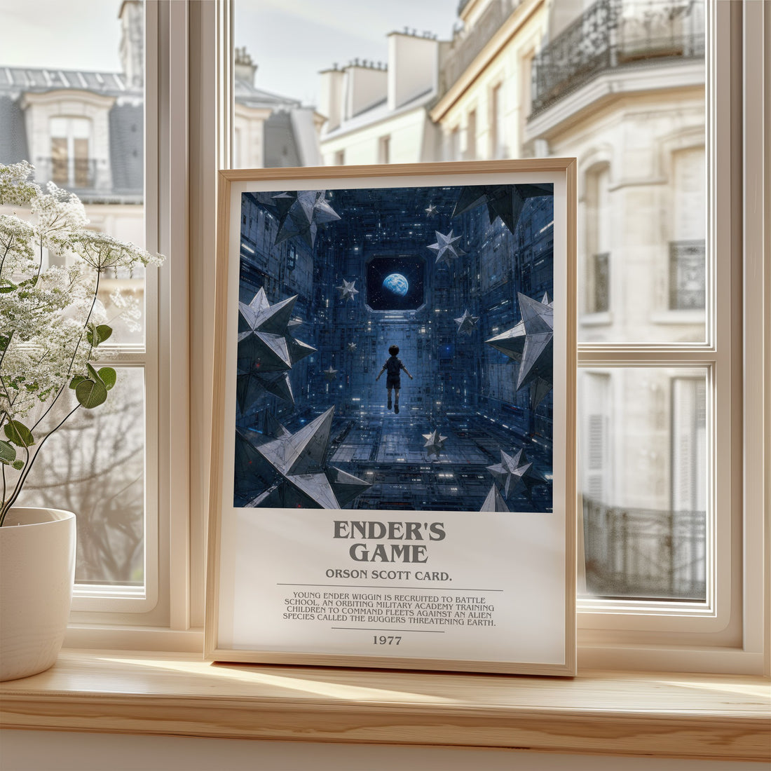 Ender's Game bookish print in frame leaning in hallway – sci fi wall art