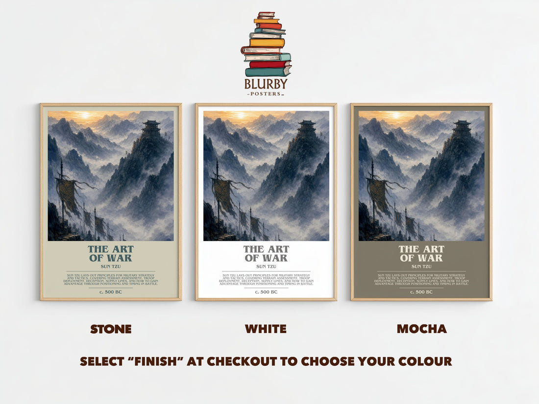 The Art of War bookish print framed by window – Stone, White and Mocha side by side – choose your colour