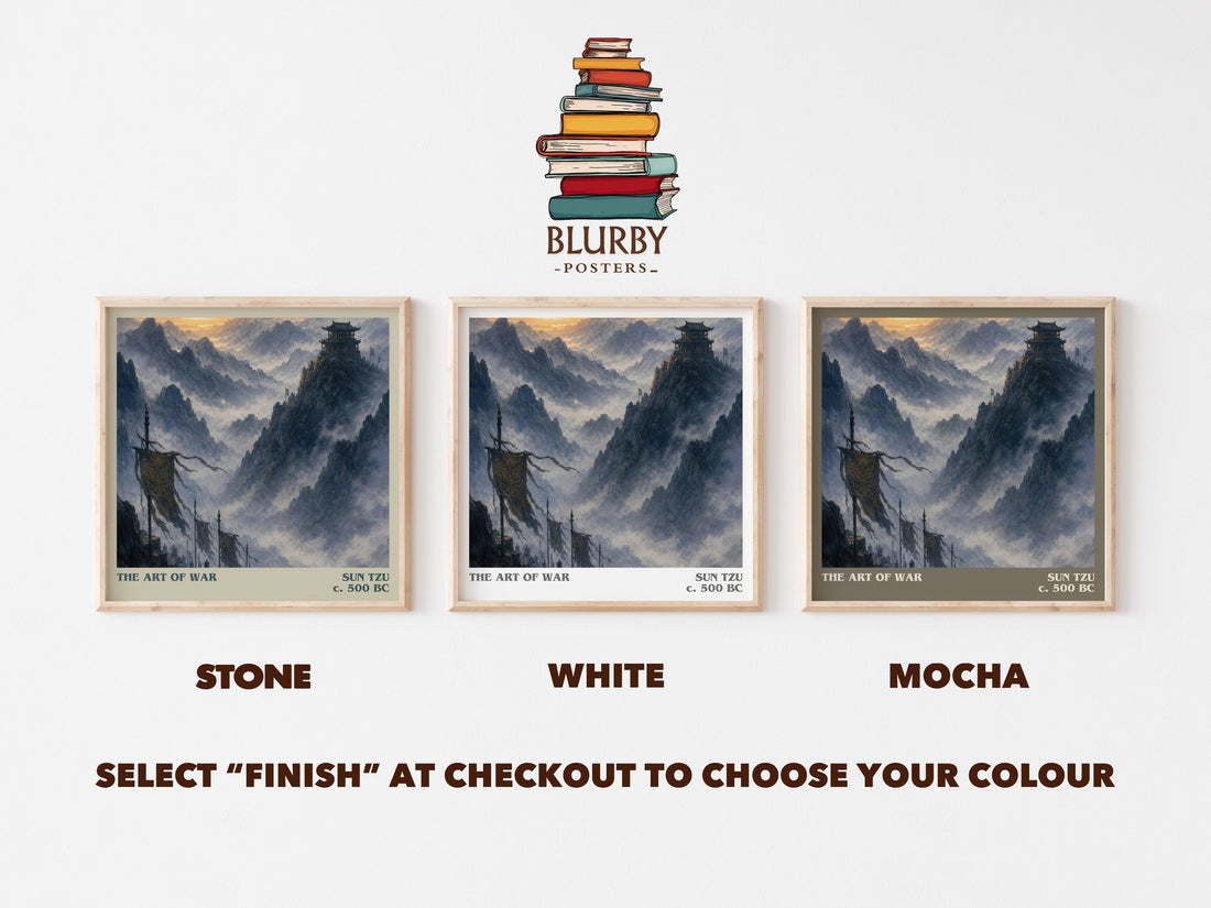 The Art of War literary print framed by window – Stone, White and Mocha square prints side by side – choose your colour